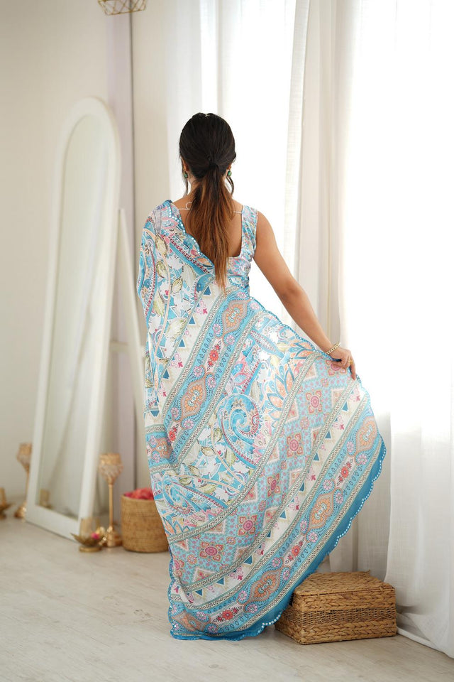 Sea Green Floral Printed with Mirror Border Chinon Saree (ACA9682)