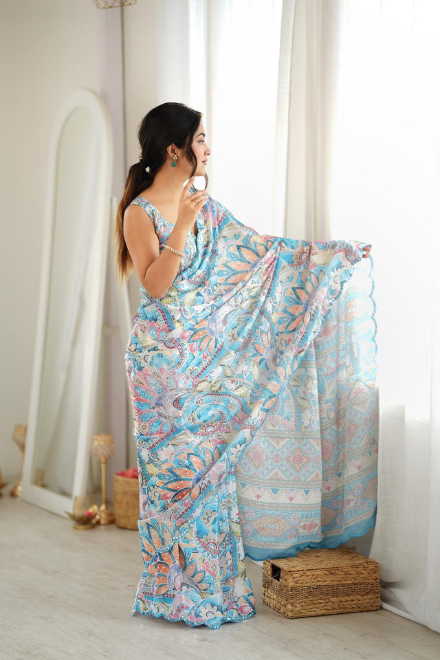 Sea Green Floral Printed with Mirror Border Chinon Saree (ACA9682)