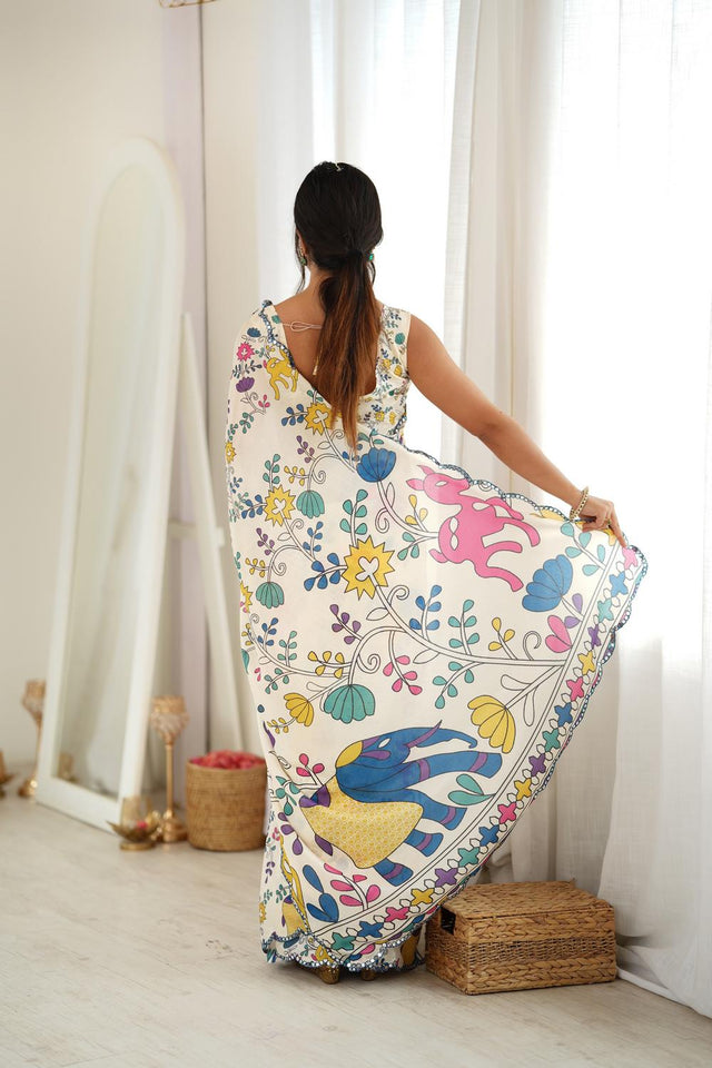 Off White Floral Printed with Mirror Border Chinon Saree (ACA9683)