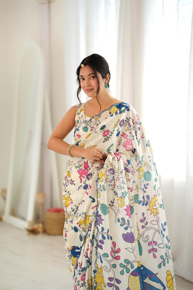 Off White Floral Printed with Mirror Border Chinon Saree (ACA9683)