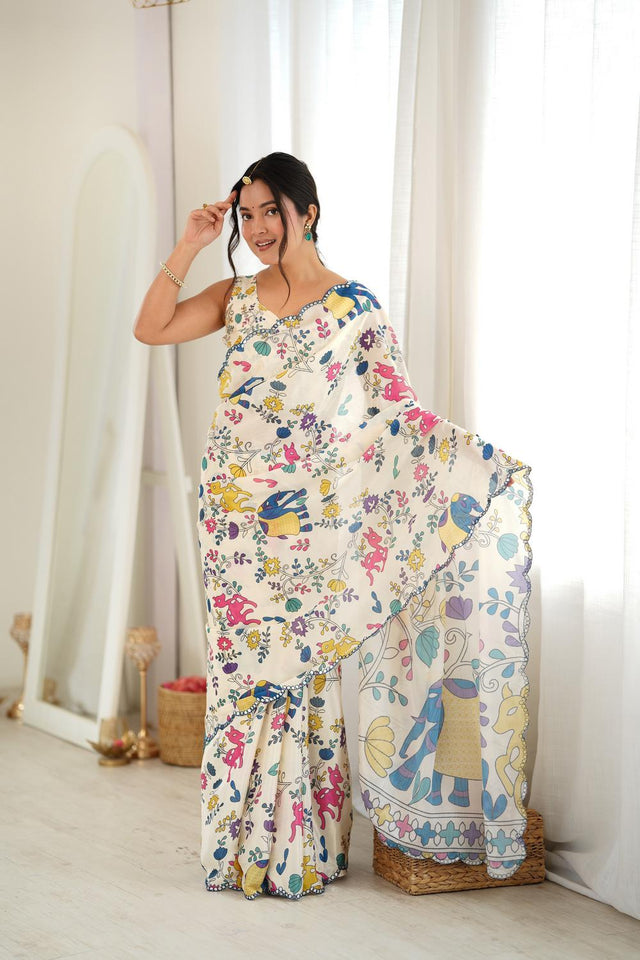 Off White Floral Printed with Mirror Border Chinon Saree (ACA9683)