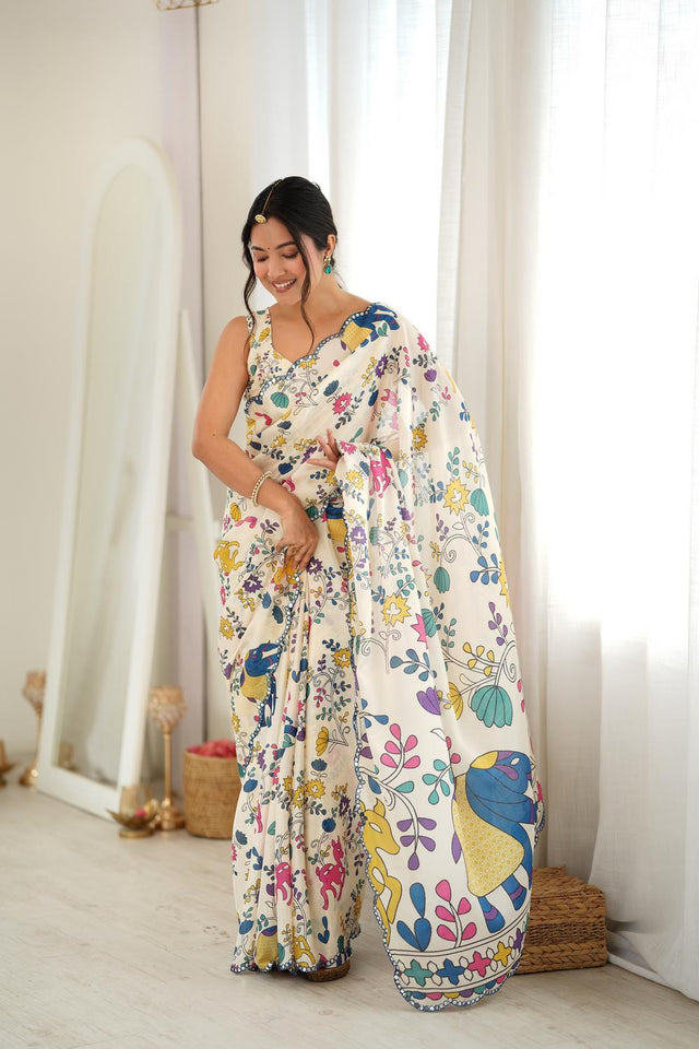 Off White Floral Printed with Mirror Border Chinon Saree (ACA9683)