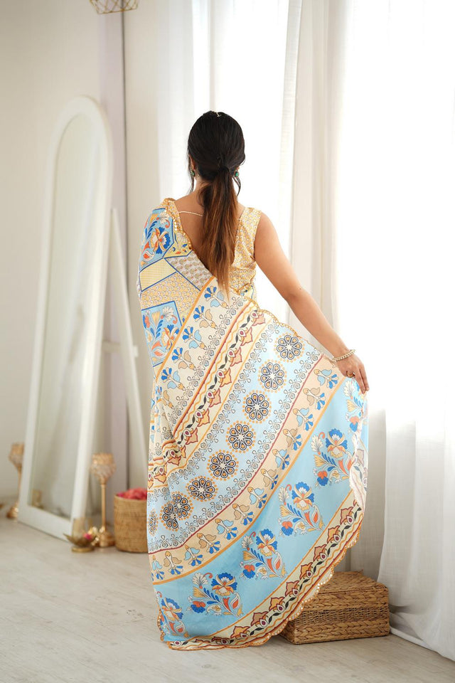 Off White Floral Printed with Mirror Border Chinon Saree (ACA9685)