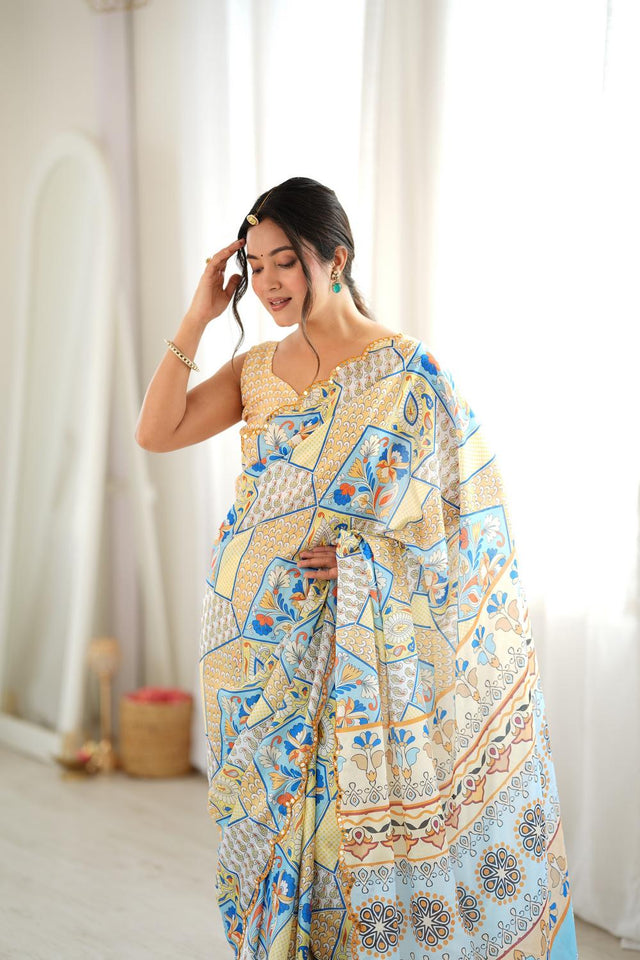 Off White Floral Printed with Mirror Border Chinon Saree (ACA9685)