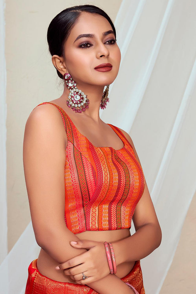 Orange Jacquard Woven Banarasi Silk Blouse (ACA9686)