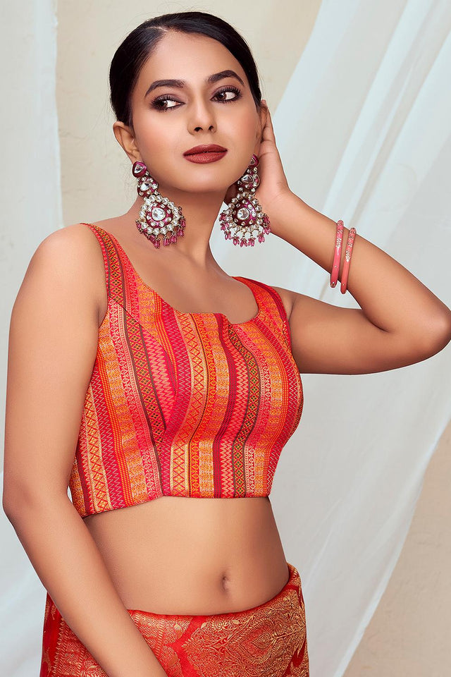 Orange Jacquard Woven Banarasi Silk Blouse (ACA9686)
