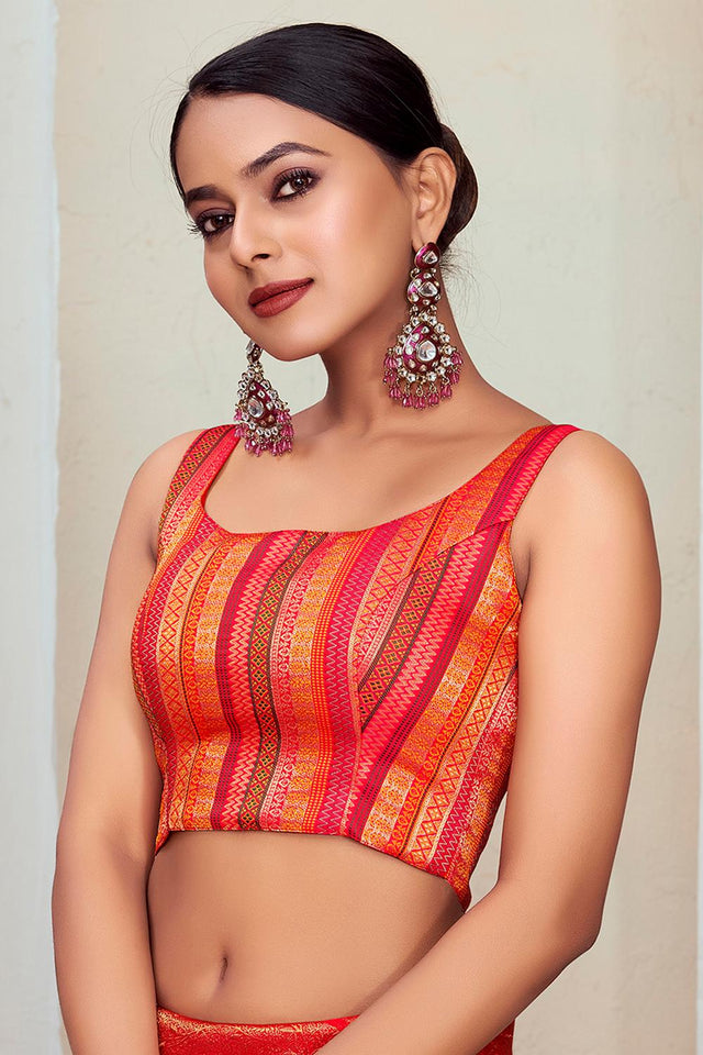 Orange Jacquard Woven Banarasi Silk Blouse (ACA9686)