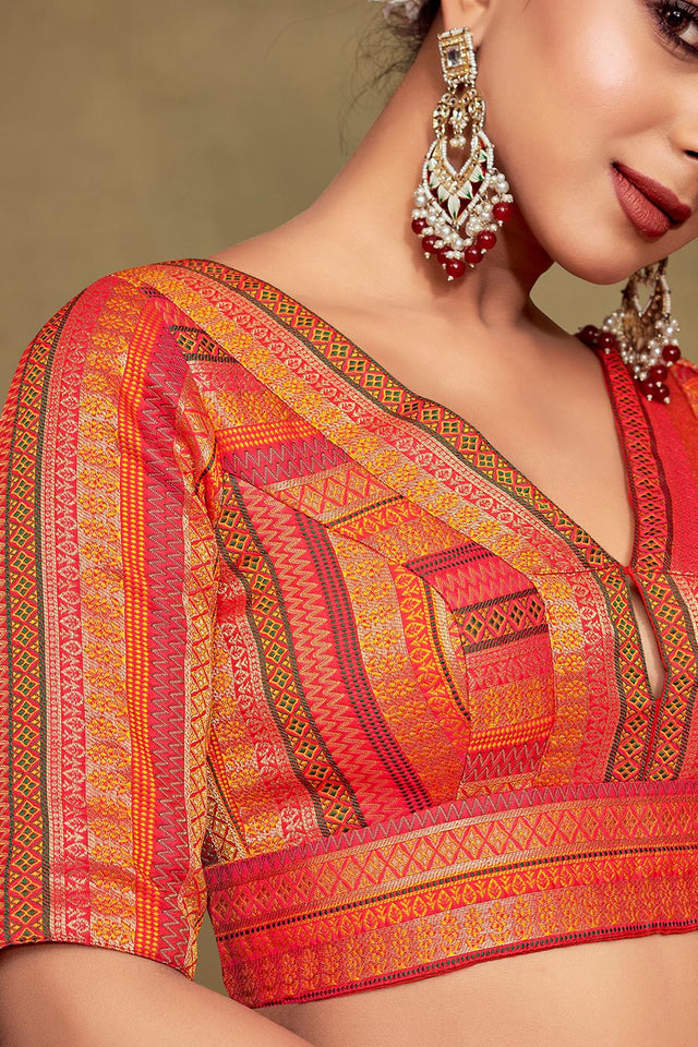 Orange Jacquard Woven Banarasi Silk Blouse (ACA9687)