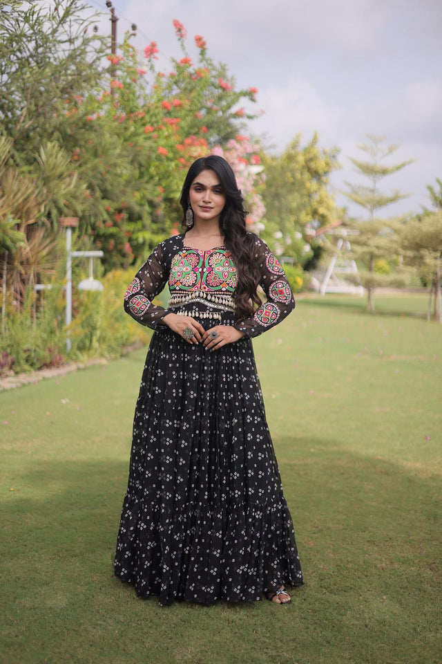 Black Bandhani Printed with Embroidered Georgette Free Size Stitched Gown (ACA9699)