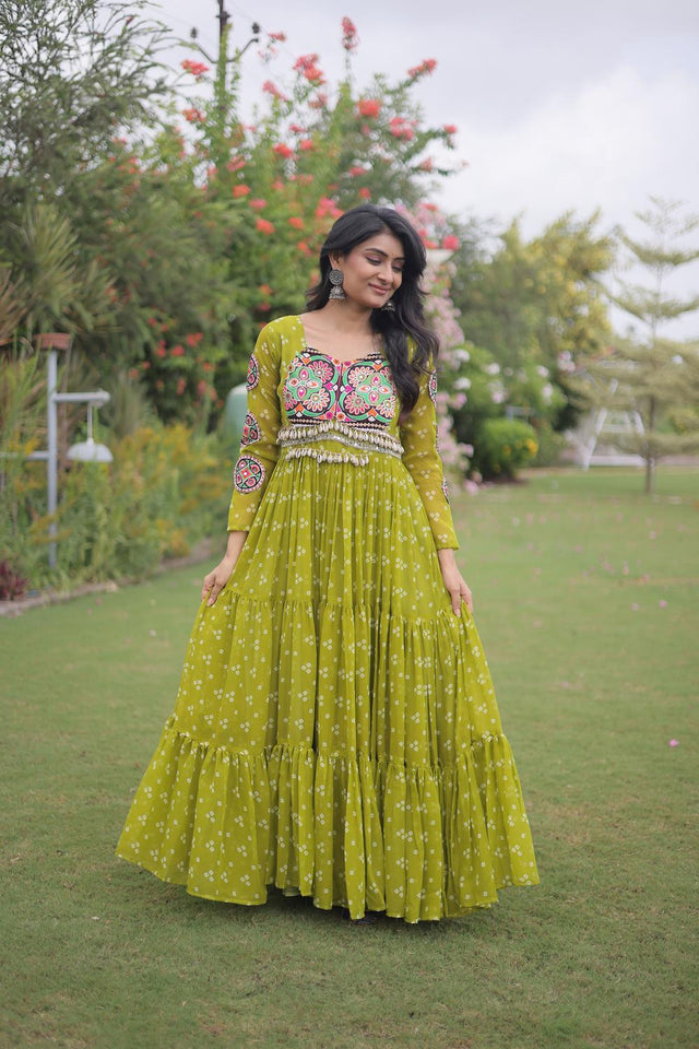 Dark Green Bandhani Printed with Embroidered Georgette Free Size Stitched Gown (ACA9700)