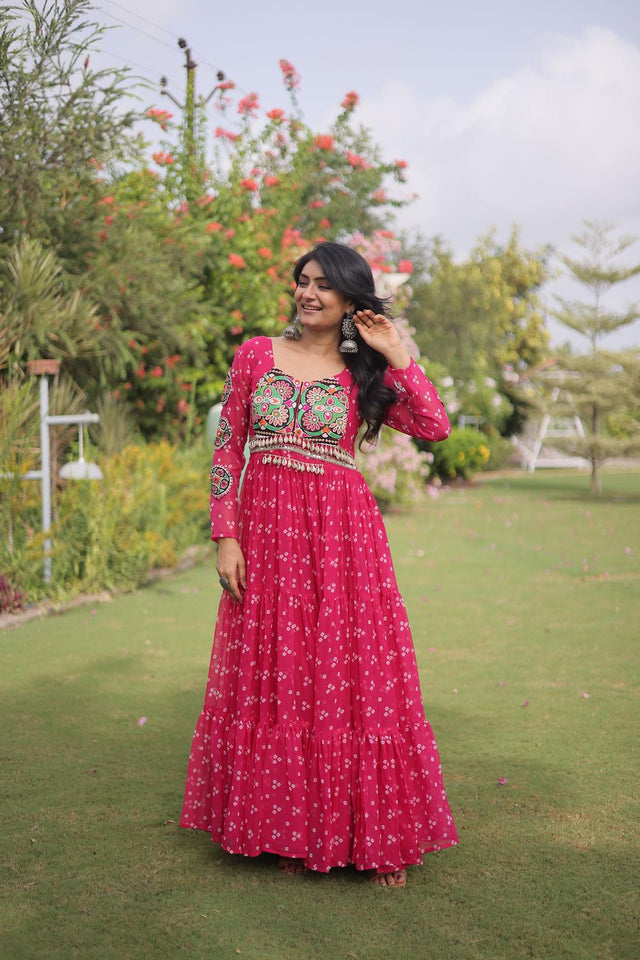 Pink Bandhani Printed with Embroidered Georgette Free Size Stitched Gown (ACA9701)