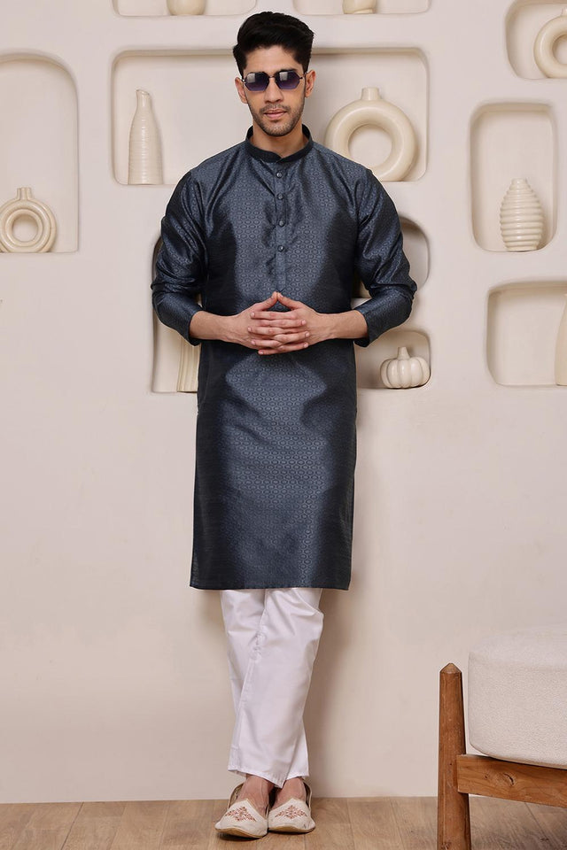 Mens Grey Woven Silk Blend Kurta Set (ACA9708)