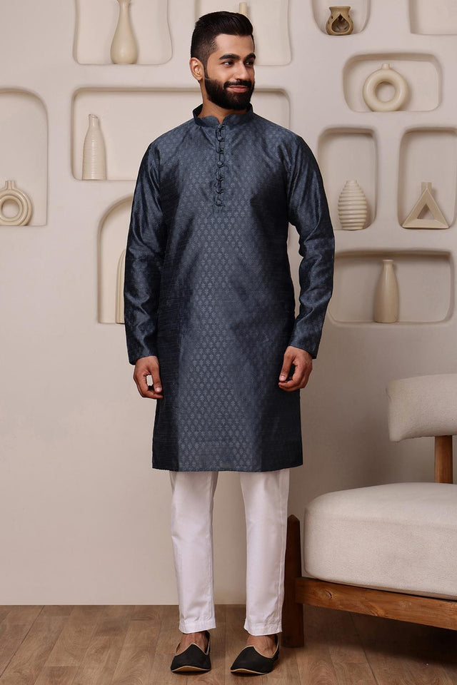 Mens Grey Woven Silk Blend Kurta Set (ACA9712)