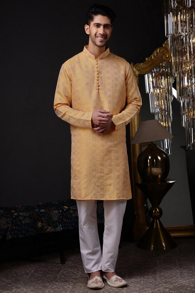 Mens Orange Woven Silk Blend Kurta Set (ACA9717)