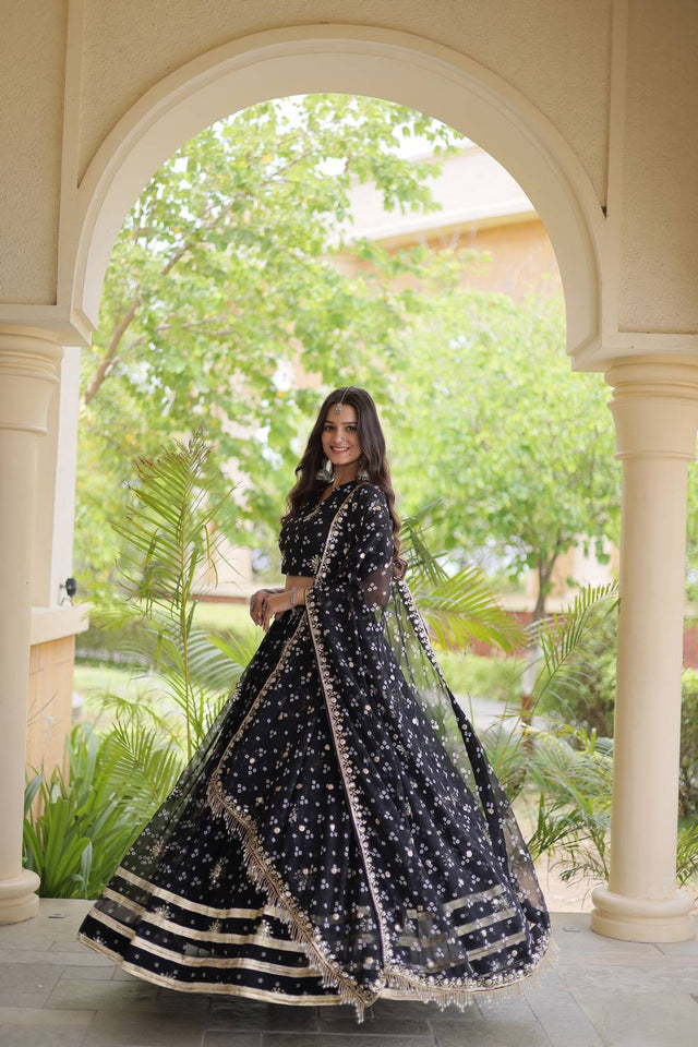 Black Sequin with Printed Georgette Free Size Stitched Lehenga (ACA9726)