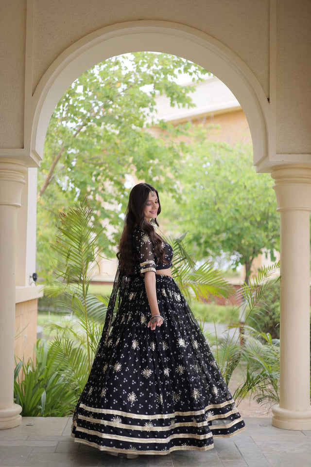 Black Sequin with Printed Georgette Free Size Stitched Lehenga (ACA9726)
