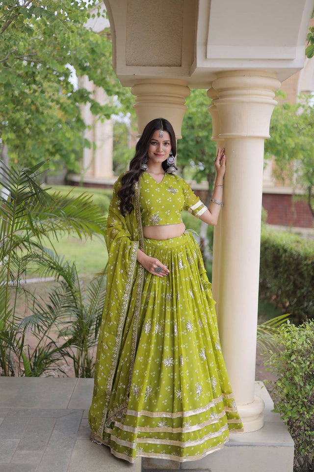 Green Sequin with Printed Georgette Free Size Stitched Lehenga (ACA9727)