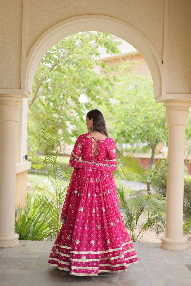 Pink Sequin with Printed Georgette Free Size Stitched Lehenga (ACA9728)
