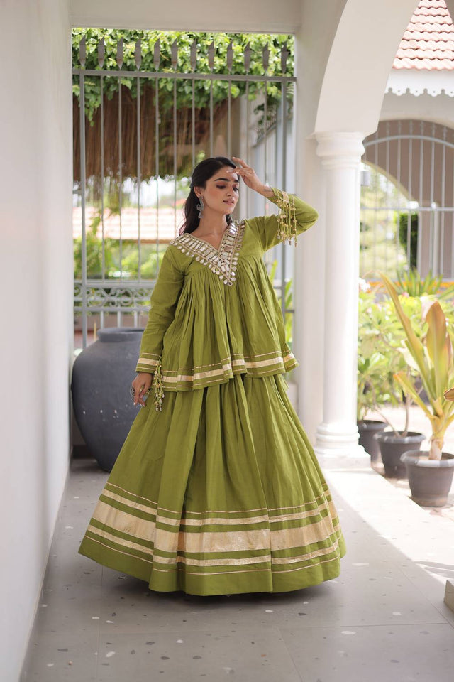 Green Gota Patti Work Cotton Free Size Stitched Lehenga (ACA9730)