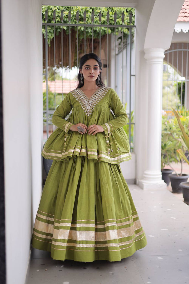 Green Gota Patti Work Cotton Free Size Stitched Lehenga (ACA9730)