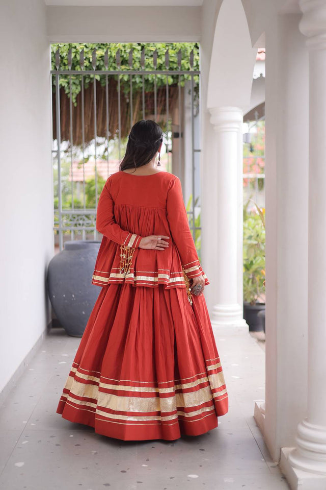 Rust Gota Patti Work Cotton Free Size Stitched Lehenga (ACA9731)