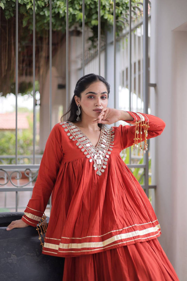 Rust Gota Patti Work Cotton Free Size Stitched Lehenga (ACA9731)