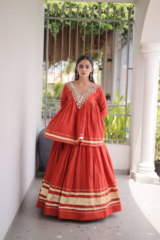 Rust Gota Patti Work Cotton Free Size Stitched Lehenga (ACA9731)