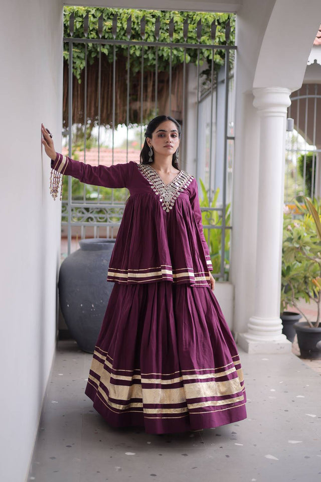 Wine Gota Patti Work Cotton Free Size Stitched Lehenga (ACA9733)