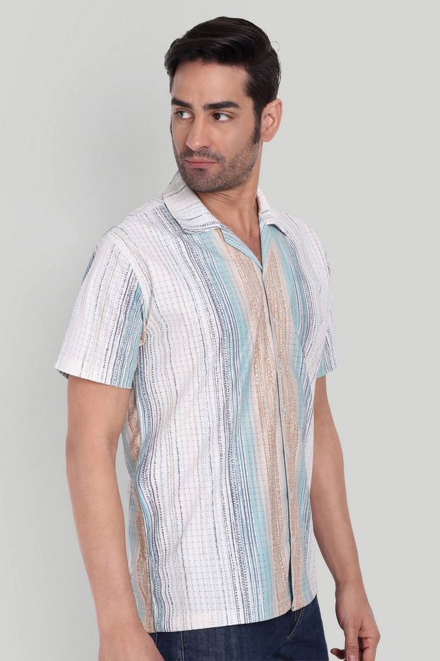 Mens Turquoise Printed Cotton Blend Shirt (ACA9736)