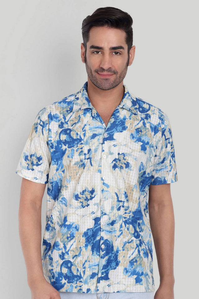 Mens Blue Printed Cotton Blend Shirt (ACA9737)