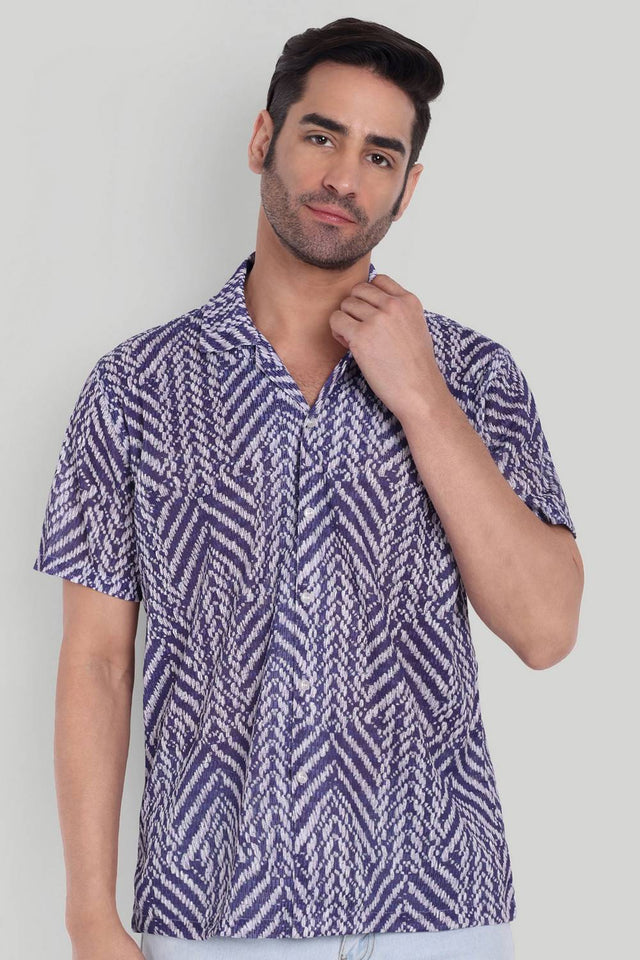 Mens Blue Printed Cotton Blend Shirt (ACA9743)