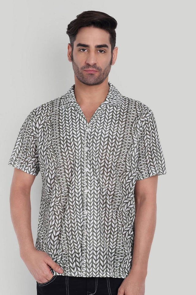 Mens Olive Green Printed Cotton Blend Shirt (ACA9744)