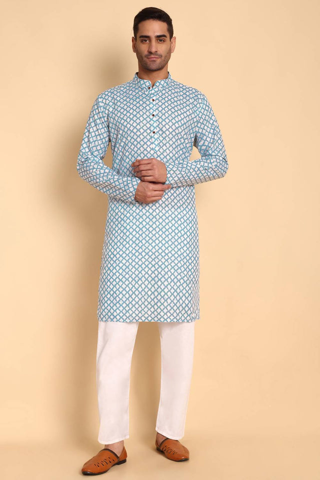 Mens Blue Printed Cotton Kurta Set (ACA9746)