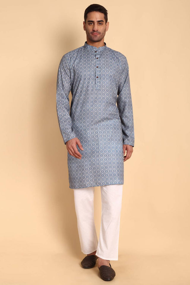Mens Blue Printed Cotton Kurta Set (ACA9749)