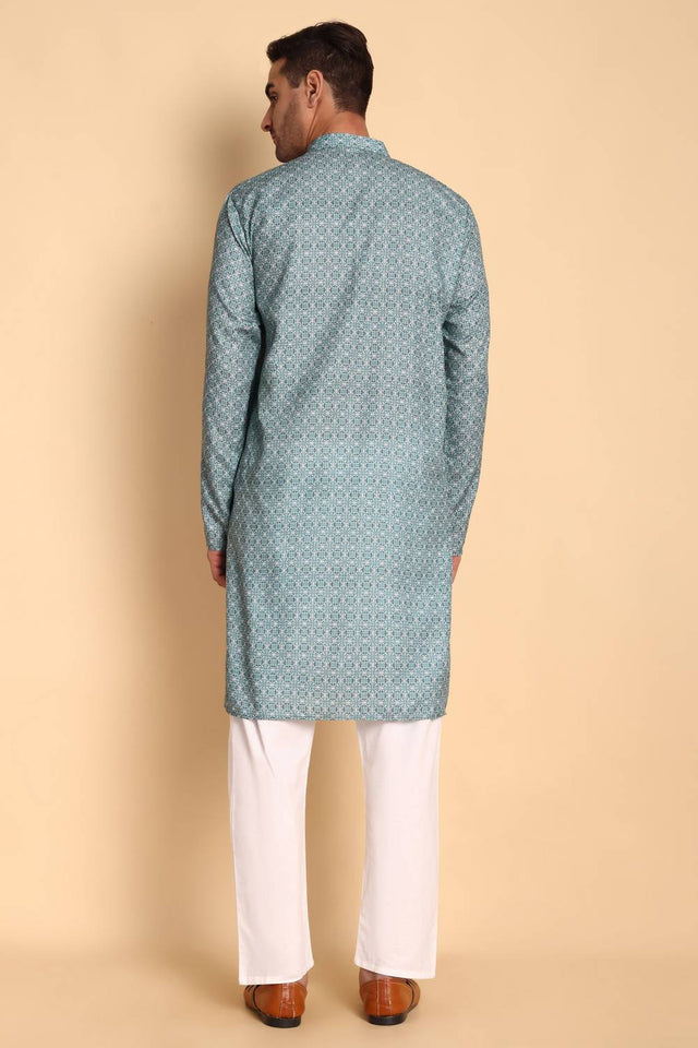 Mens Turquoise Printed Cotton Kurta Set (ACA9750)