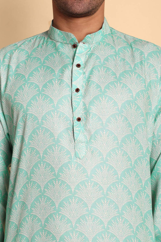 Mens Green Printed Cotton Kurta Set (ACA9753)