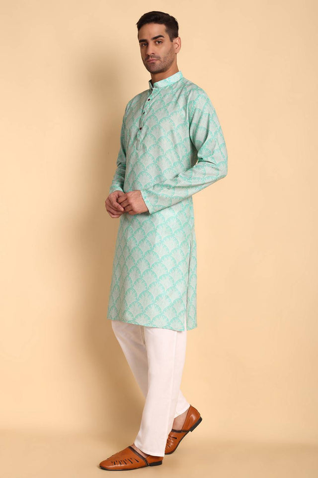 Mens Green Printed Cotton Kurta Set (ACA9753)