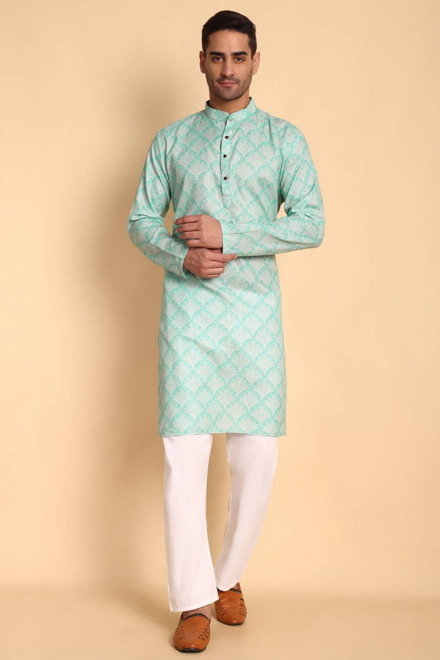 Mens Green Printed Cotton Kurta Set (ACA9753)