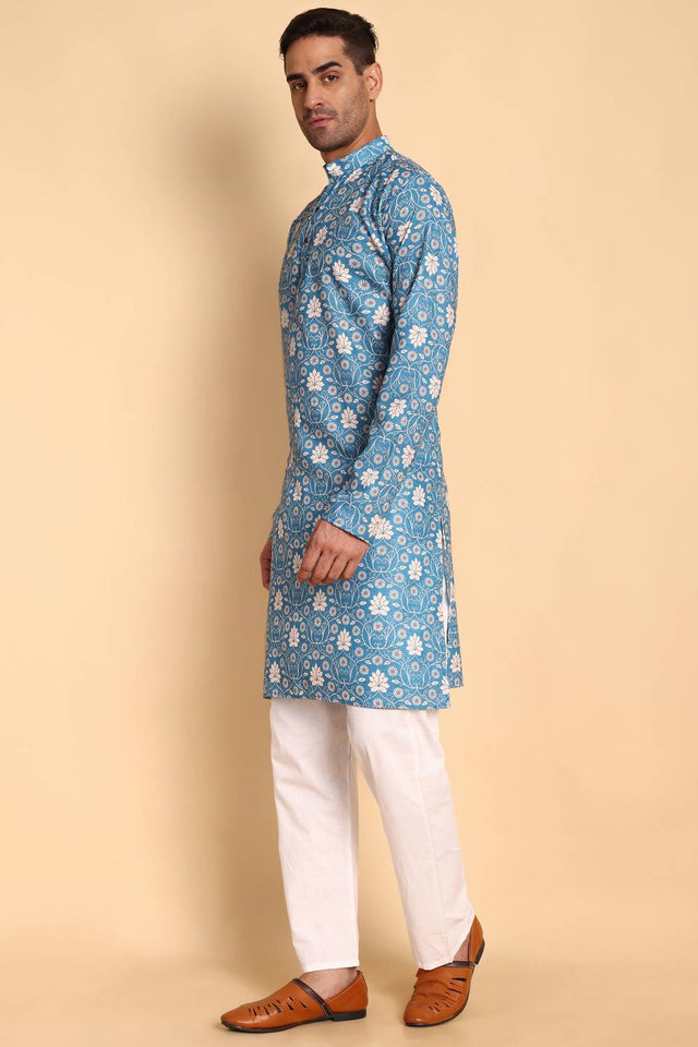 Mens Blue Printed Cotton Kurta Set (ACA9755)