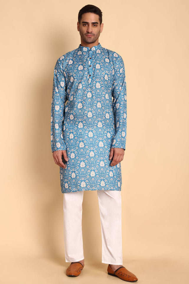 Mens Blue Printed Cotton Kurta Set (ACA9755)