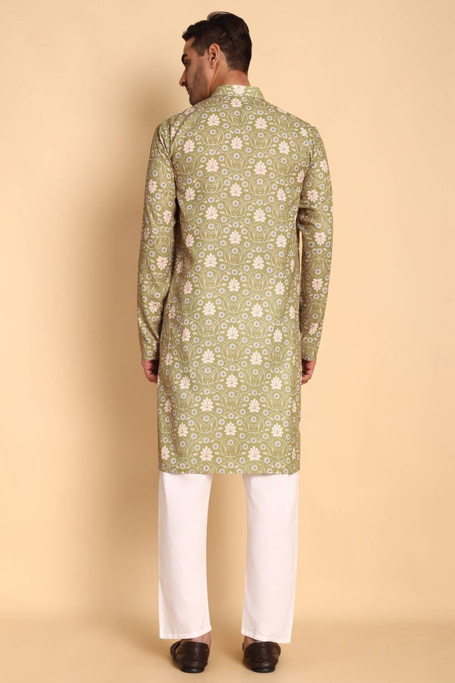 Mens Green Printed Cotton Kurta Set (ACA9756)