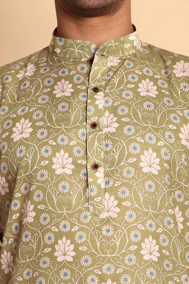 Mens Green Printed Cotton Kurta Set (ACA9756)