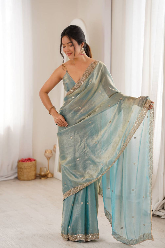 Blue Beads Embossed Satin Saree (ACA9763)