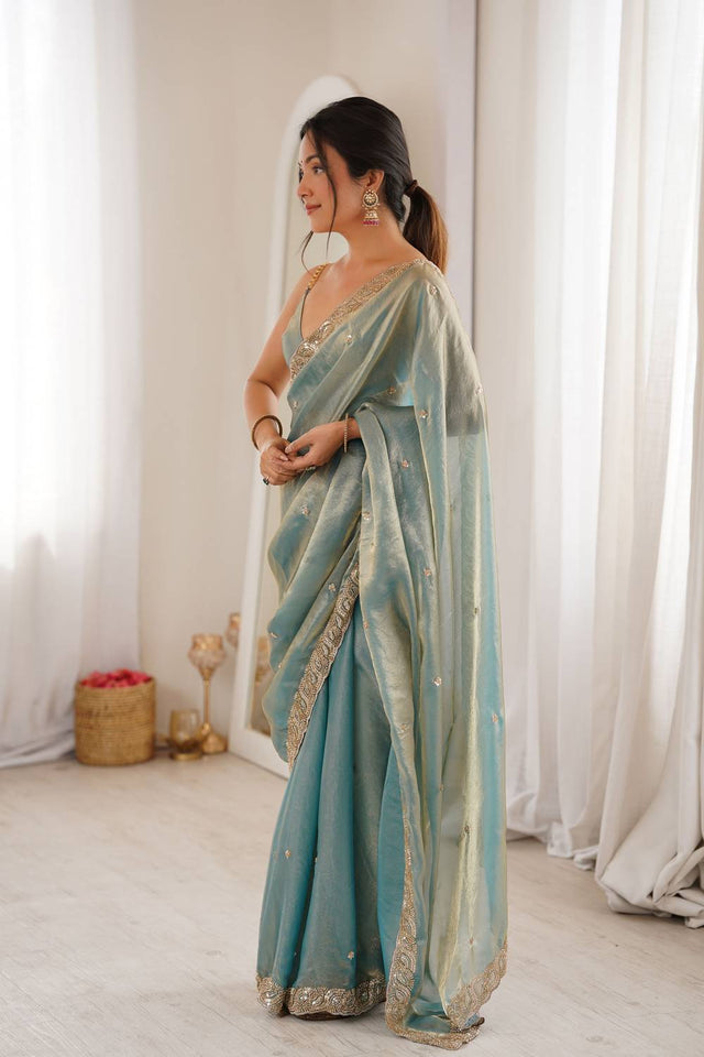 Blue Beads Embossed Satin Saree (ACA9763)