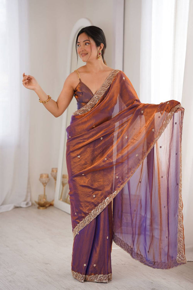 Purple Beads Embossed Satin Saree (ACA9764)