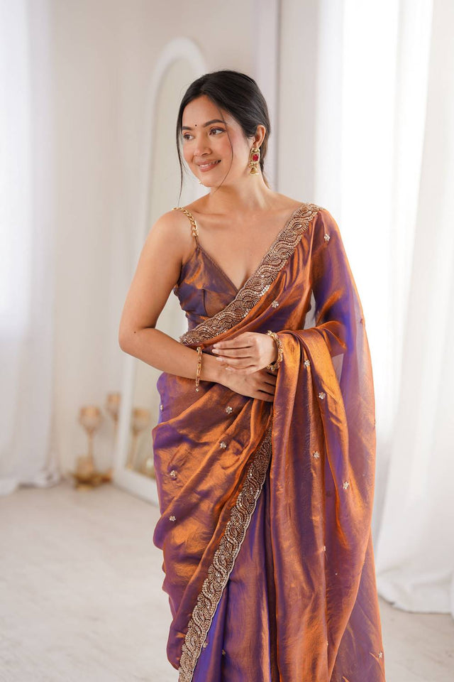 Purple Beads Embossed Satin Saree (ACA9764)