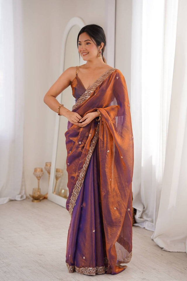 Purple Beads Embossed Satin Saree (ACA9764)