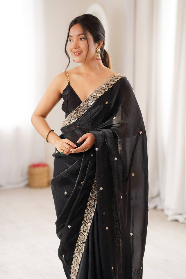 Black Beads Embossed Satin Saree (ACA9765)