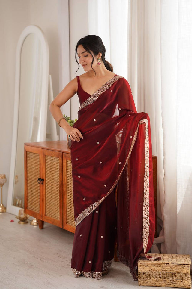 Maroon Beads Embossed Satin Saree (ACA9767)