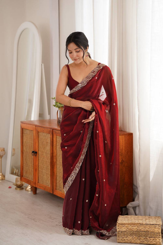 Maroon Beads Embossed Satin Saree (ACA9767)